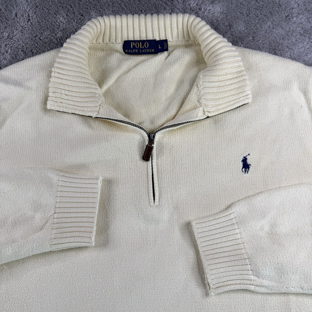 Polo Ralph Lauren Mens L Cream 100% Cotton Knit 1/4 Zip Sweater Pony Pullover